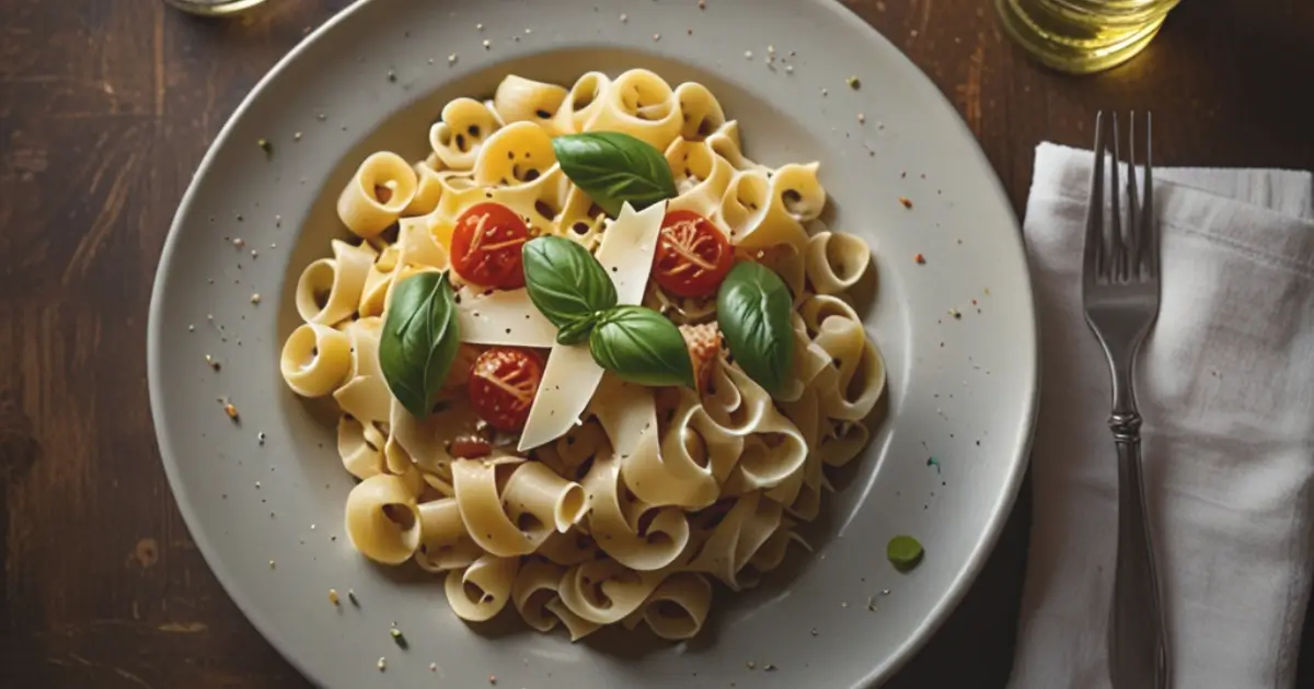 A close-up view of a plate of cooked mafaldine pasta, garnished with fresh basil and parmesan, highlighting its unique ruffled edges