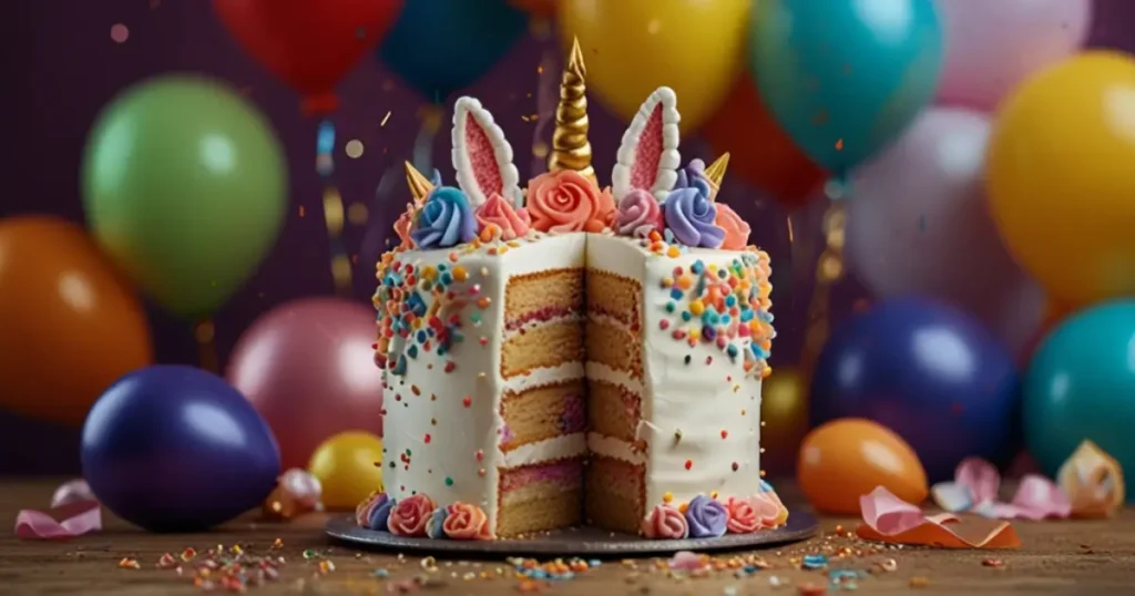 Colorful unicorn cake with rainbow layers and a golden horn, perfect for birthday celebrations