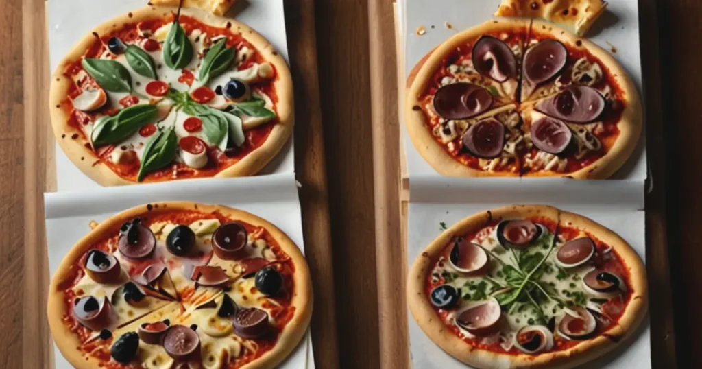 Group of friends enjoying pizza edition games with pizza slices and game pieces on the table