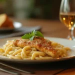 Creamy garlic parmesan chicken pasta topped with fresh parsley on a rustic plate.