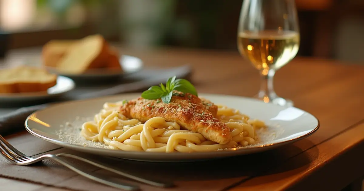 Creamy garlic parmesan chicken pasta topped with fresh parsley on a rustic plate.