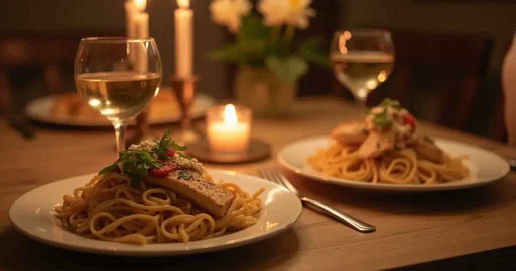 Two plates of chicken pasta on a dinner table, ready to be enjoyed by guests