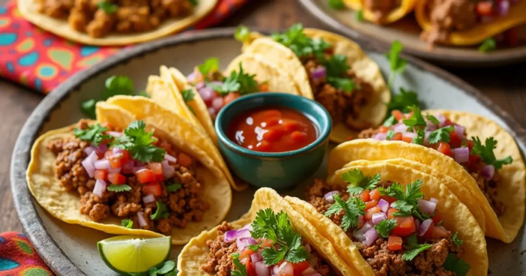 Tacos El Cunado plate with carne asada, al pastor, and toppings