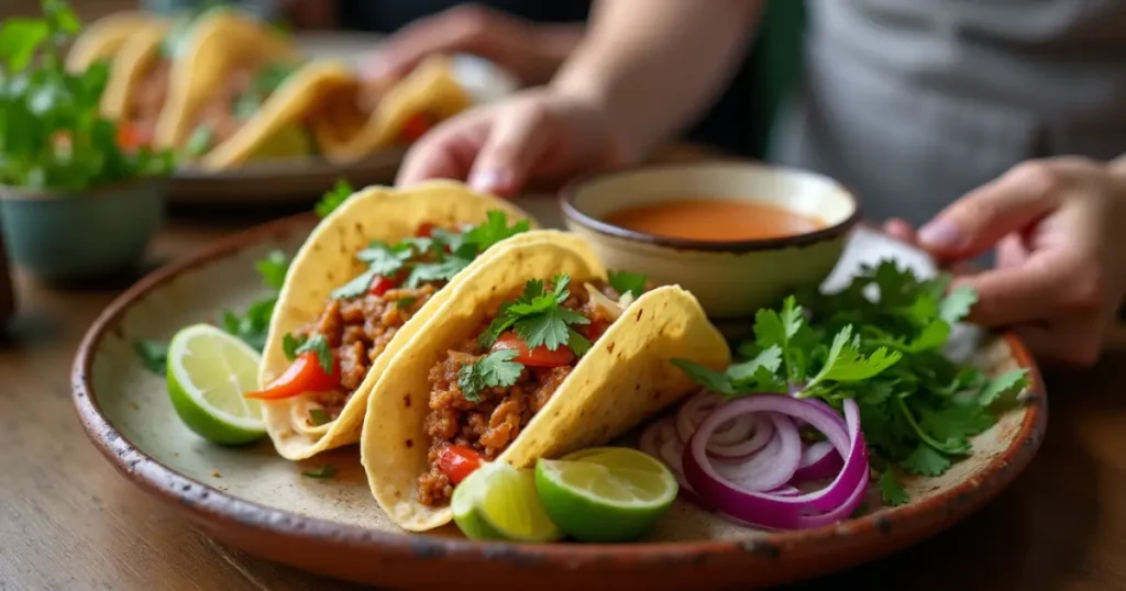  A woman serving a plate of crispy quesabirria tacos near me​ to guests in a cozy kitchen setting, complete with dipping broth.