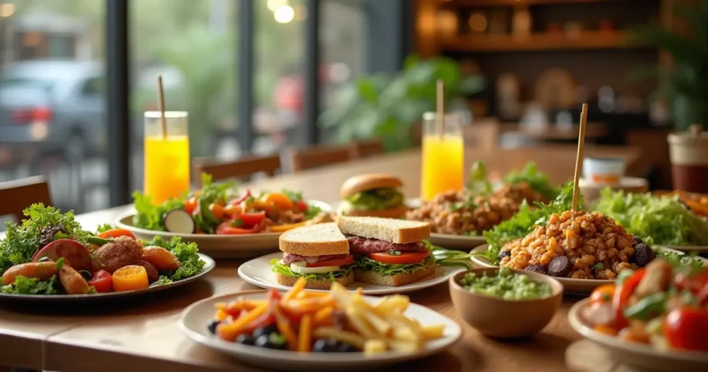 Colorful and vibrant lunch spread at a cozy cafe with sandwiches, salads, and drinks.Best Lunch Near Me