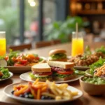 Colorful and vibrant lunch spread at a cozy cafe with sandwiches, salads, and drinks.Best Lunch Near Me