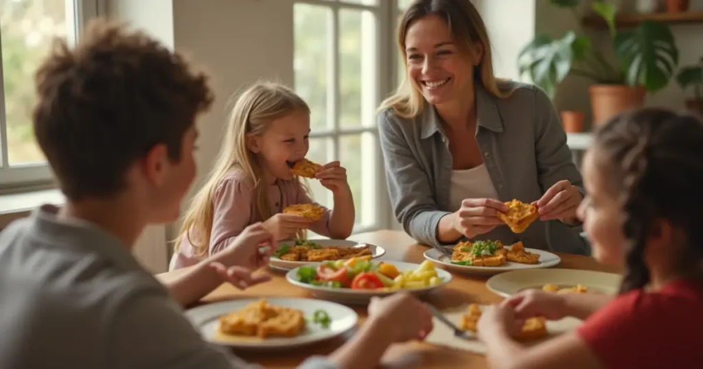 A happy family enjoying a homemade Lunchables Uploaded meal together