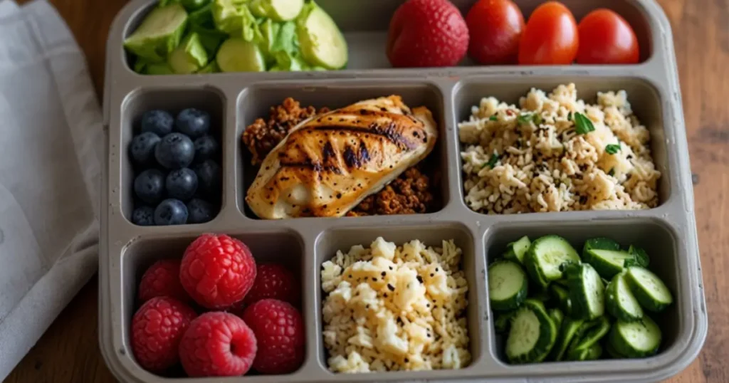 Colorful and healthy school lunch options from the EJMS lunch menu, showcasing a variety of fresh fruits, lean proteins, and whole grains