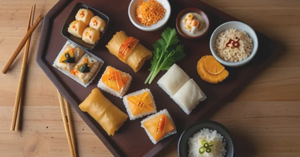 Variety of colorful Asian snacks including sushi, dumplings, rice cakes, and mochi, displayed with traditional Asian decor