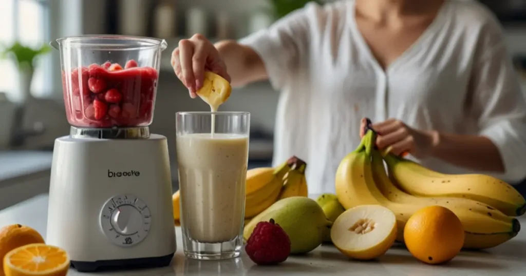 White fruit salad with a mix of apples, bananas, and dragon fruit in a large bowl