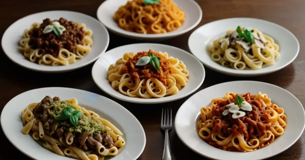 A bowl of mafaldine pasta topped with a hearty bolognese sauce, surrounded by fresh ingredients like tomatoes, basil, and garlic.