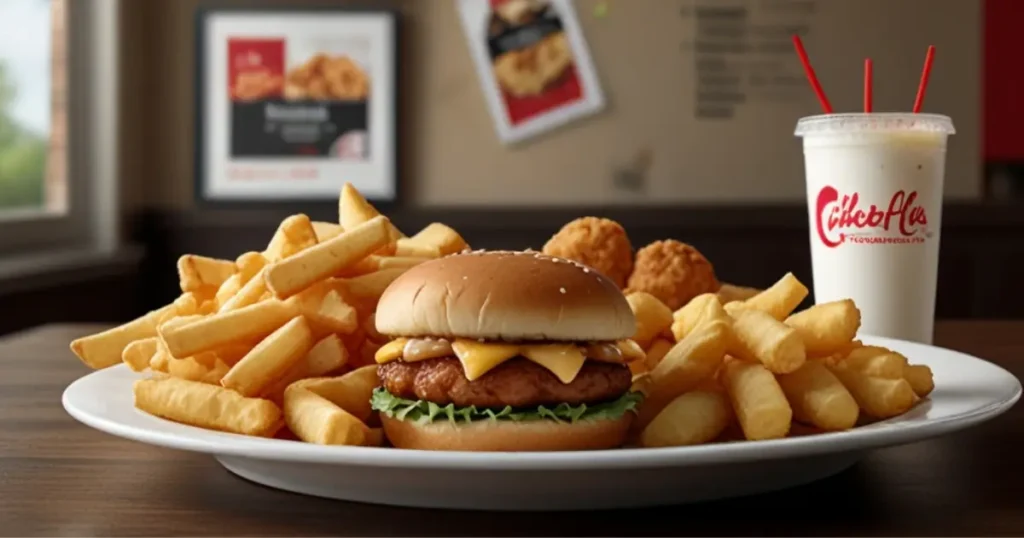 Close-up of a classic Chick-fil-A chicken sandwich with crispy waffle fries and a refreshing lemonade on a tray, highlighting a popular menu option