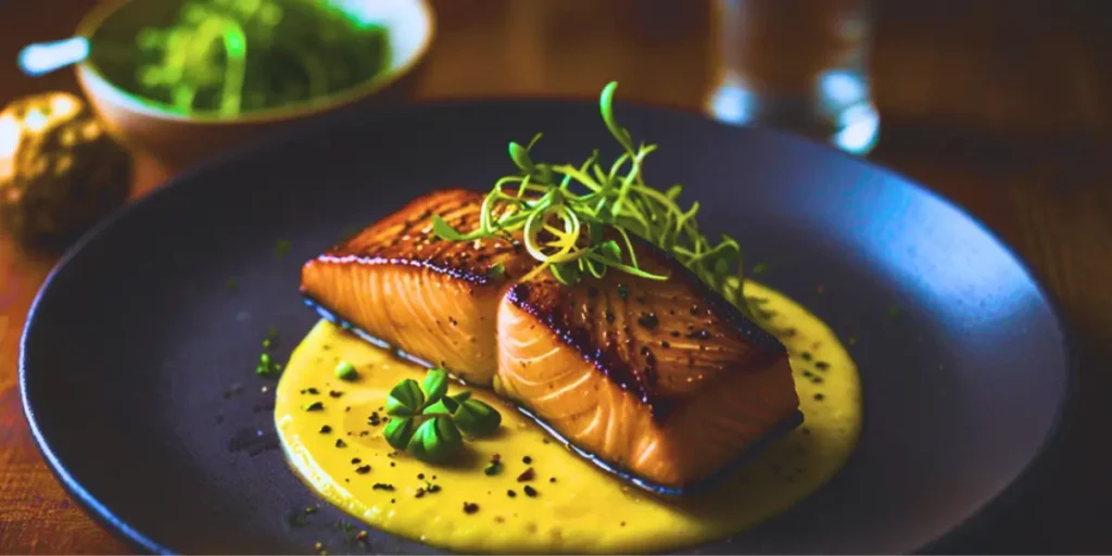 Fresh, raw Faroe Island salmon fillet displayed on a cutting board, surrounded by lemon slices, herbs, and sea salt.