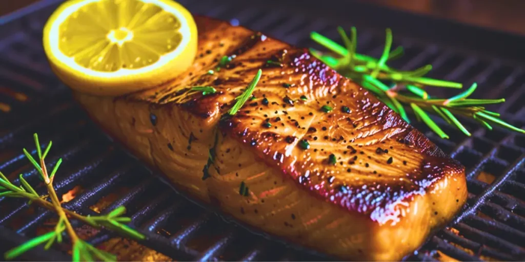 Pan-seared Faroe Island salmon with crispy skin, served alongside creamy mashed potatoes and steamed asparagus.