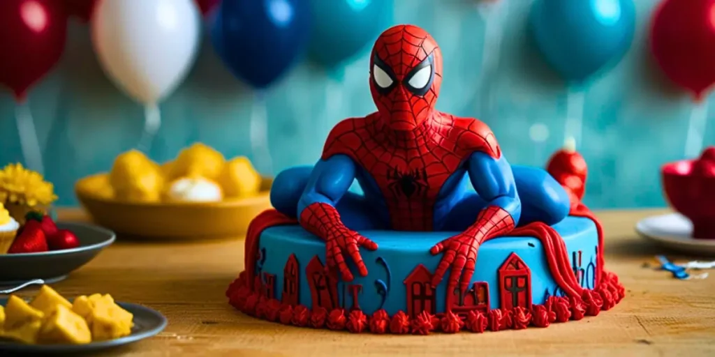 Spiderman-themed birthday cake with red and blue frosting, spider web design, and a 3D Spiderman figure on top.