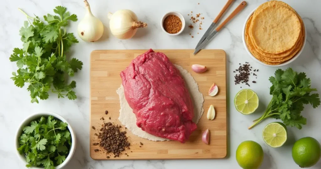 Ingredients for Tacos de Lengua, including beef tongue, cilantro, onions, garlic, and limes.