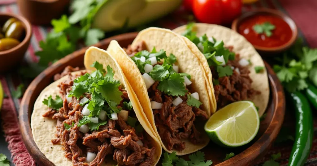 Tacos de Lengua served on a wooden platter with salsa and lime wedges.