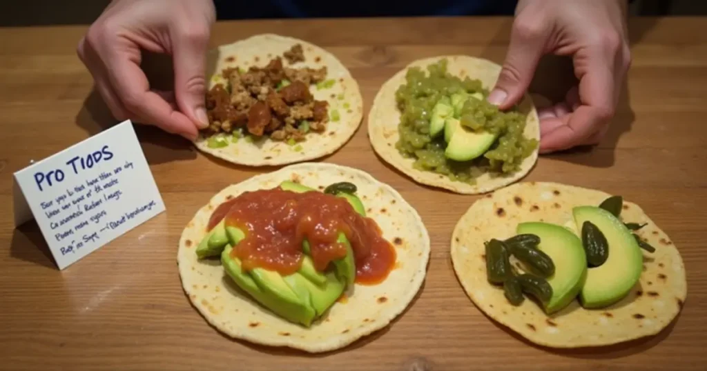 Tacos de Lengua served with salsa, avocado slices, and lime wedges on a colorful Mexican cloth.