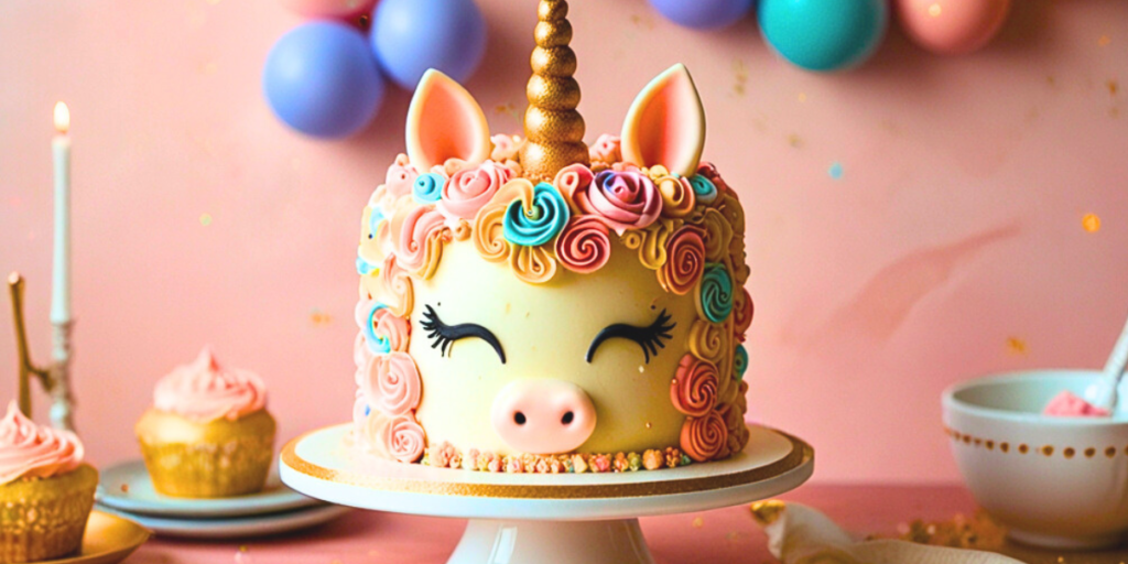 A beautifully decorated unicorn cake with a pastel rainbow mane, golden horn, and adorable eyes, perfect for a magical celebration.