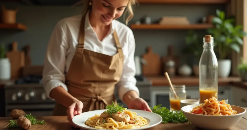 Woman serving Mafaldine pasta with chicken in a cozy kitchen setting.