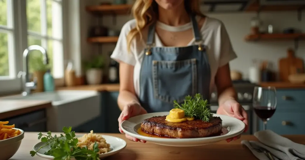 Woman serving grilled steak with cowboy butter in a modern kitchen setting.
