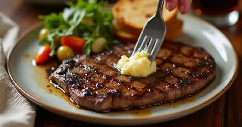  A plated steak with cowboy butter recipe
, grilled vegetables, and rustic bread, ready to be enjoyed.