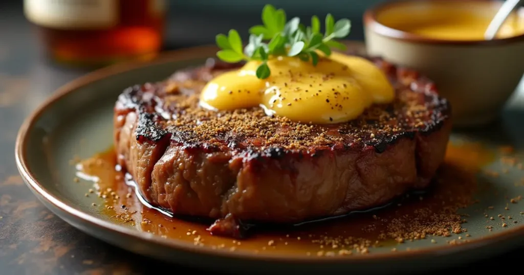 Close-up of grilled steak topped with cowboy butter seasoning, ready to be served.