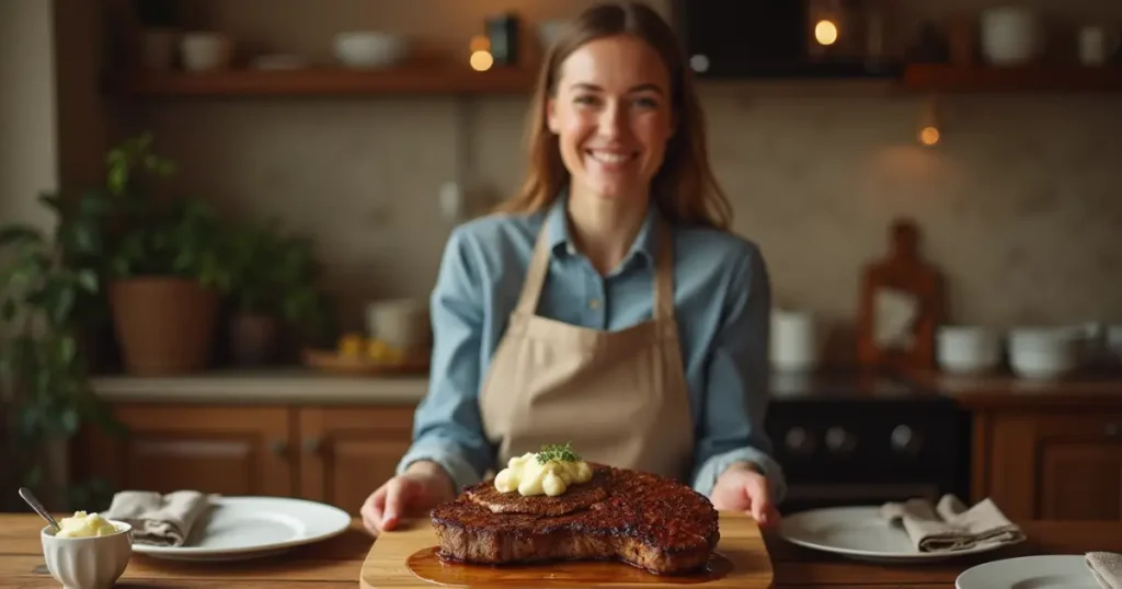 Woman serving cowboy butter topped steak in a kitchen.how to make cowboy butter​