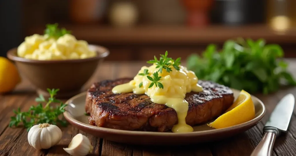 A close-up of cowboy butter drizzled over a grilled steak, garnished with fresh herbs and garlic, showcasing the ingredients in a rustic kitchen.cowboy butter ingredients​