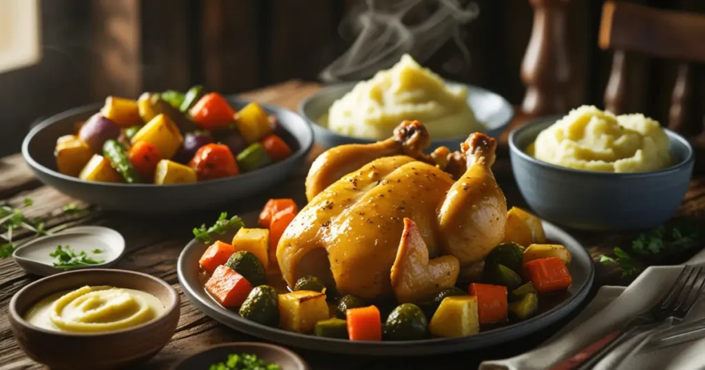 Delicious Kinders Cowboy Butter Chicken served with mashed potatoes and roasted vegetables on a rustic wooden table