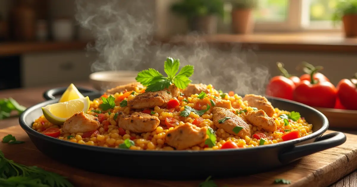 Delicious homemade chicken paella recipes served on a rustic wooden table with fresh herbs and lemon wedges, in a cozy kitchen setting