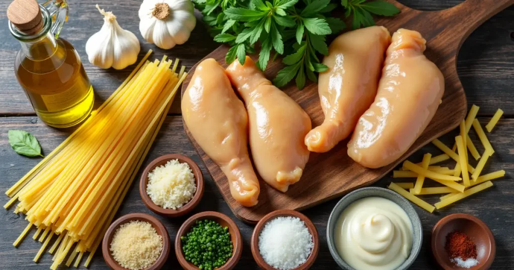 Ingredients for Mafaldine pasta including chicken, fresh herbs, olive oil, and garlic.