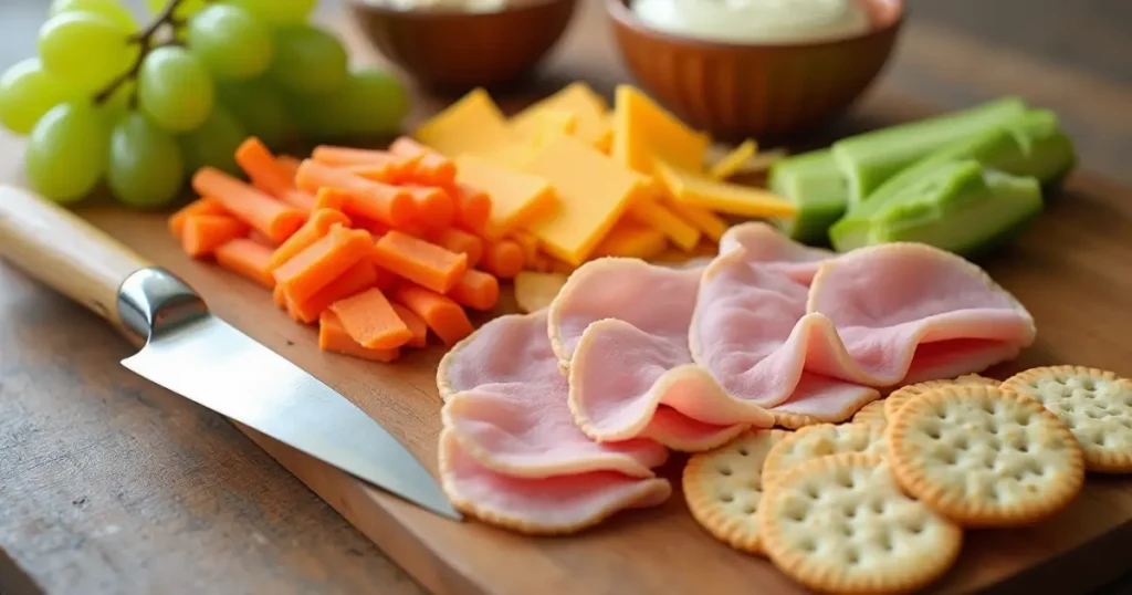 Fresh ingredients for Lunchables: crackers, deli meats, cheese, veggies, and fruit on a wooden cutting board