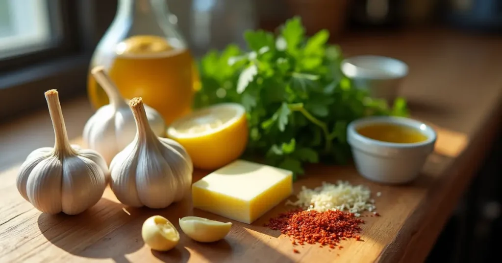 Ingredients for cowboy butter: garlic, butter, lemon, parsley, red pepper flakes, Dijon mustard, and olive oil.
