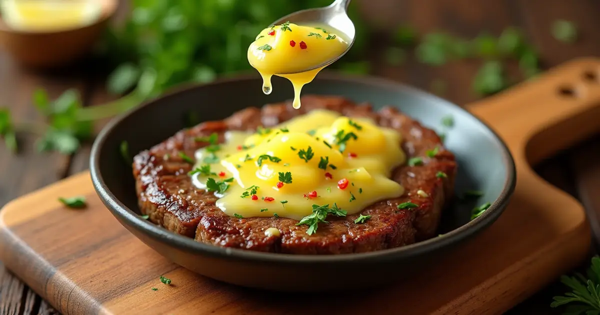 A bowl of cowboy butter recipe with garlic, parsley, and spices, drizzled over a sizzling steak.