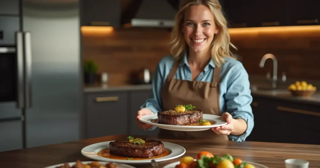 Woman serving a plate of steak with cowboy butter seasoning in a cozy kitchen.