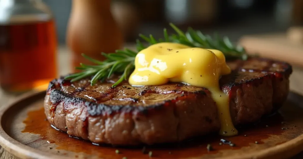 Cowboy butter melting over a perfectly grilled steak with herbs.how to make cowboy butter​