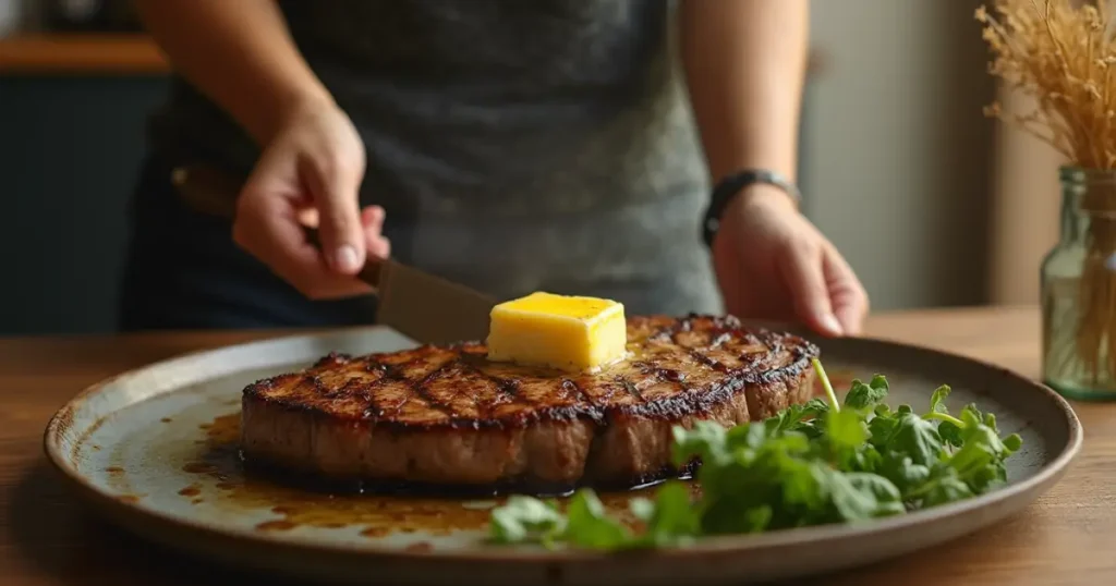 A woman serving a delicious steak topped with cowboy butter in a cozy kitchen, with a warm, inviting atmosphere.cowboy butter ingredients​