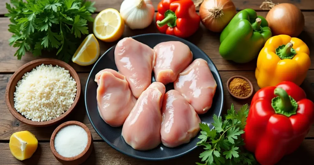 Fresh ingredients for chicken paella recipe
including chicken, rice, vegetables, and herbs laid out on a rustic wooden countertop