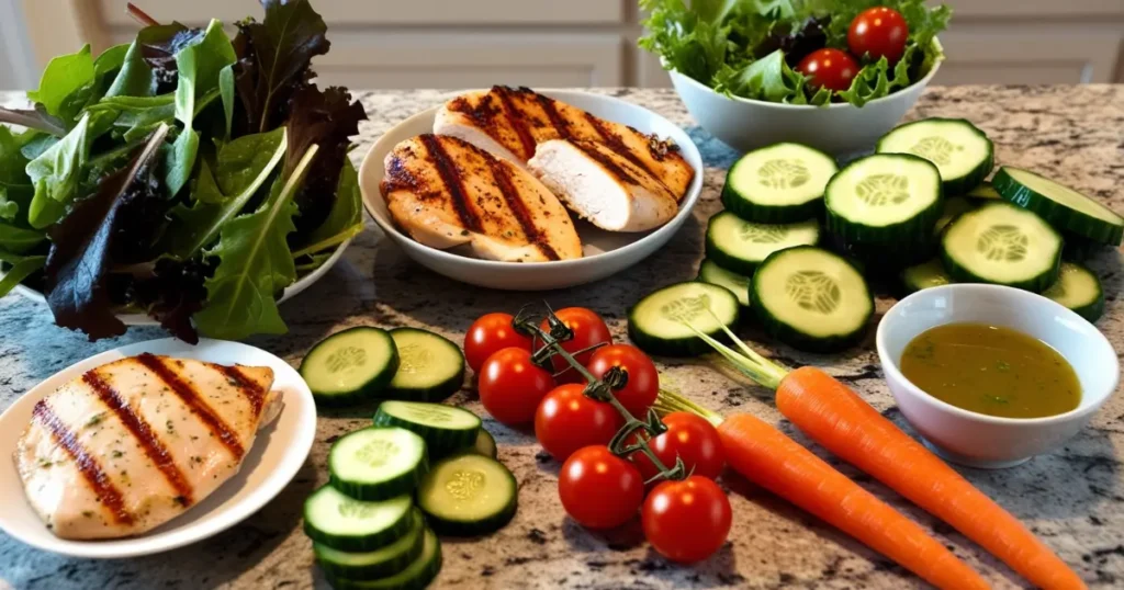 Fresh ingredients for Basic Chicken Salad Recipe
: chicken, veggies, and dressing