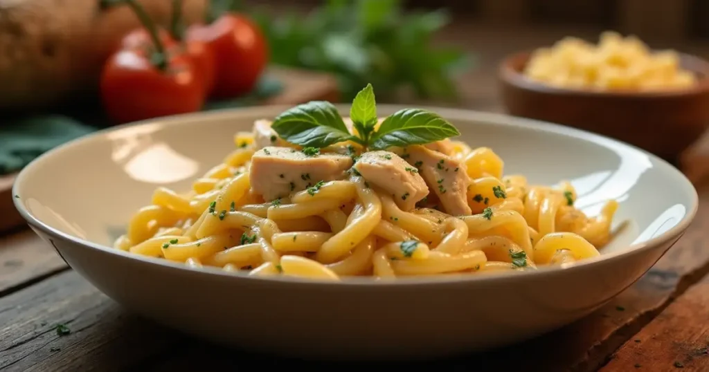 Mafaldine pasta with chicken, creamy sauce, and fresh herbs served in a rustic bowl