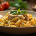 Mafaldine pasta with chicken, creamy sauce, and fresh herbs served in a rustic bowl