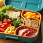 DIY Lunchables snack box with crackers, cheese, deli meats, fruits, and vegetables arranged in compartments on a wooden table