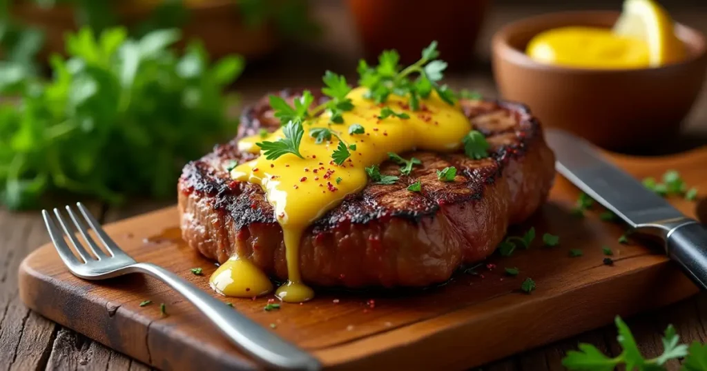 Juicy grilled steak topped with golden cowboy butter, served with fresh herbs and a rustic wooden background.