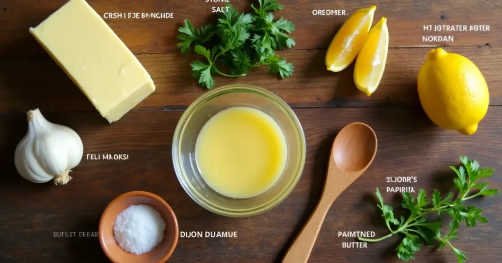 Fresh ingredients for cowboy butter recipe, including butter, garlic, parsley, and spices on a wooden countertop.