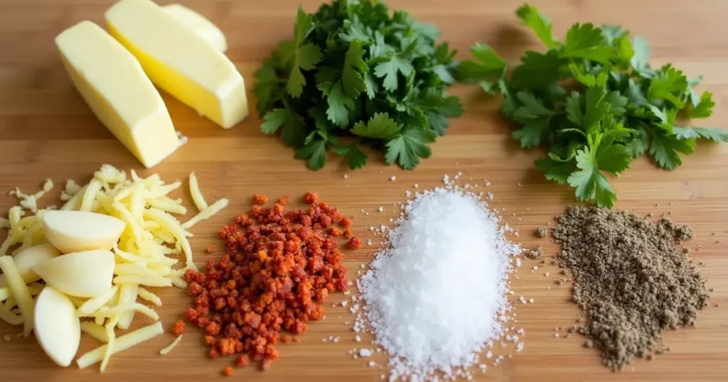 Ingredients for cowboy butter seasoning including butter, garlic, parsley, chili flakes, lemon zest, and more.