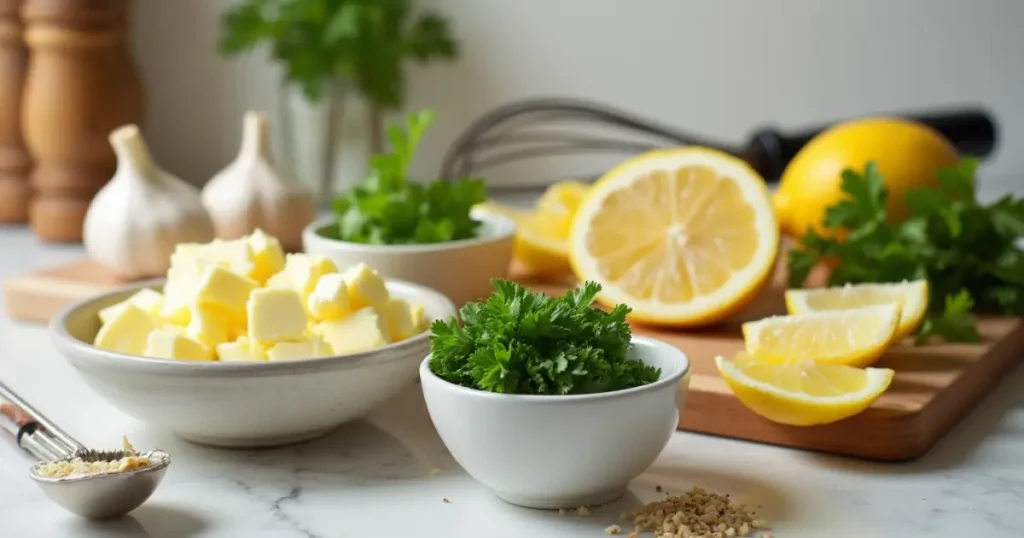 Fresh ingredients for cowboy butter including garlic, cowboy butter ingredients​
parsley, lemon, and butter neatly arranged on a kitchen counter