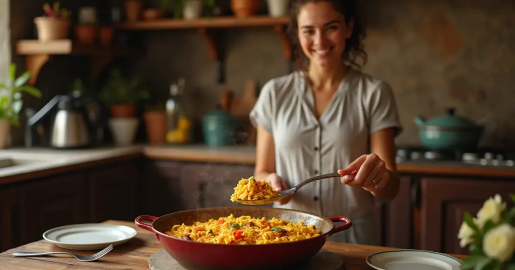 Smiling woman serving chicken paella recipe
from a large pan onto a plate in a cozy kitchen