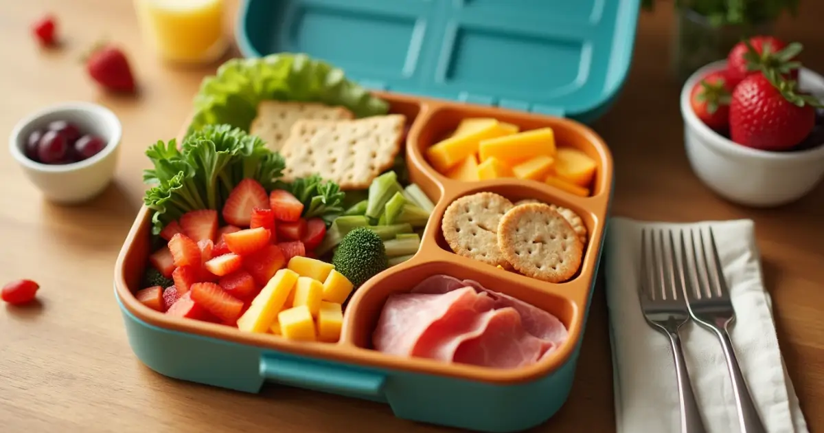 DIY Lunchables snack box with crackers, cheese, deli meats, fruits, and vegetables arranged in compartments on a wooden table