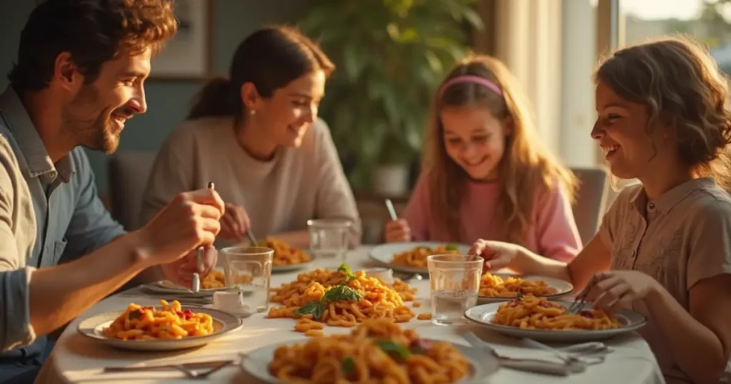 Family enjoying Mafaldine pasta together at the dinner table